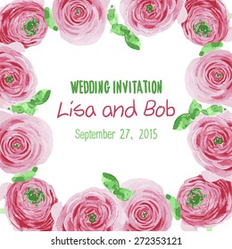 vector template of wedding invitation using watercolor flowers on soft background