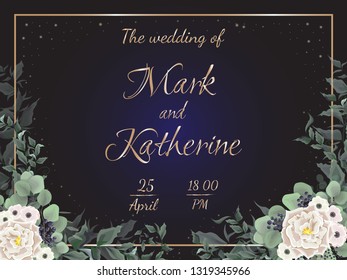 Vector template for wedding invitation. White roses, anemones, berries, green plants, gold frame, glitter, dark background. All elements are isolated.