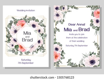 Vector template for a wedding invitation. White anemones, pink roses, eucalyptus, green leaves and plants. Greeting card.
