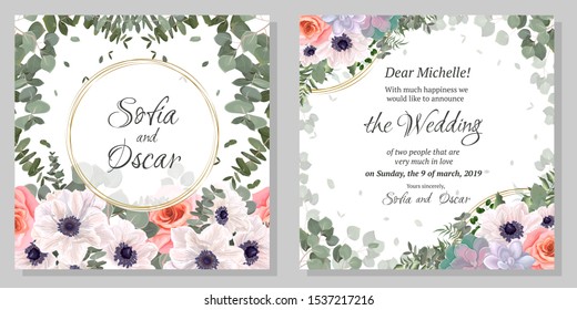 Vector template for a wedding invitation. White anemones, pink roses, eucalyptus, green leaves and plants, round golden frame, succulents. Greeting card.