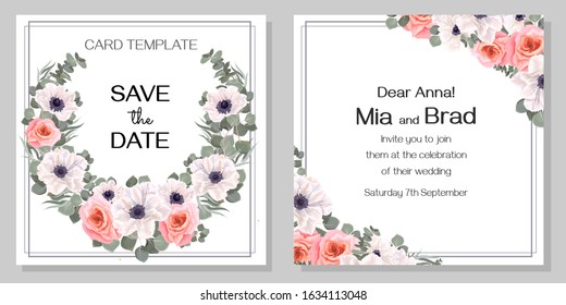 Vector template for a wedding invitation. White anemones, pink roses, eucalyptus, flower wreath, green leaves and plants. Greeting card.