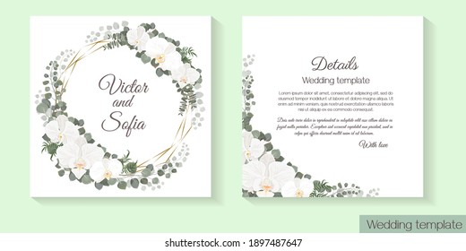 Vector template for wedding invitation. White orchids, eucalyptus, green plants and leaves, polygonal gold frame.
