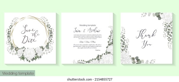 Plantilla vectorial para invitación a boda. Dalia blanca, eucalipto, hojas y plantas verdes, marco redondo.