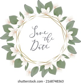 Plantilla vectorial para invitación a boda. Magnolia blanca, sakura, eucalipto, hojas y plantas verdes, marco redondo.
