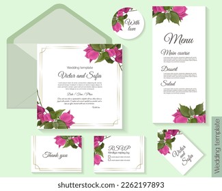 Vector template for wedding invitations. Pink bougainvillea, gold frames.  Invitation card, round card, label, thank you, rsvp. 