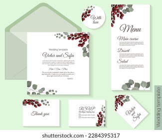 Vector template for wedding invitations. Red juicy berries, eucalyptus leaves. nvitation card, round card, label, thank you, rsvp. 