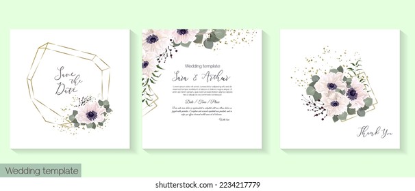 Vector template for wedding invitations. White anemones, eucalyptus, green leaves, berries, glitter, gold geometric shapes 