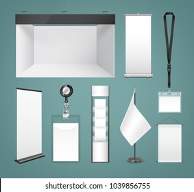 Vektorvorlage aus weißem, leerem Stoff und Papierbannern und -signaturen, Abzeichen, Flaggen-, Poster- und Messestand einzeln auf Hintergrund