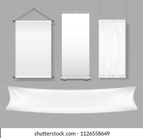 Vector template white blank textile advertising banners and flags with folds. Empty roll-up posters or placards for advertising isolated on blue background