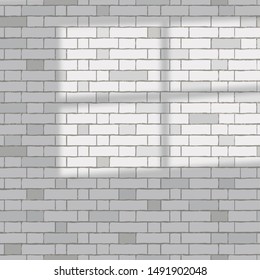 Vector template with white Brick wall and window overlay shadow. Trendy mockup with realistic shadow. Brick wall background with copy space for text, offers, sale, advertising.