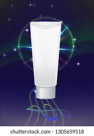 vector template white cosmetic tube of cream on the background music and key music stretching out into the starry night sky