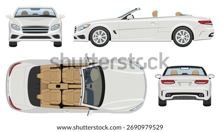 Vector template of a white luxury convertible car shown from four angles: front, side, rear, and top. Simple colors without gradients and effects.