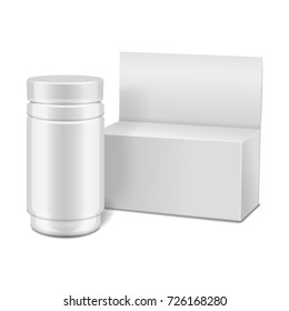 Vector template of white plastic bottle with screw cap and cartoon box for medicine, pills, tabs. Packaging mock up illustration for your design