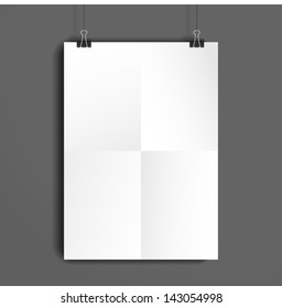 Vector template. White sheet of paper folded in four. The paper hangs on the clamps.