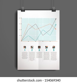 Vector template. White sheet of paper folded in four. The paper hangs on the clamps. Elements of information graphics. Color chart and geometric designs.