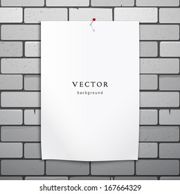 Vector template. White sheet of paper pinned to the brick wall.