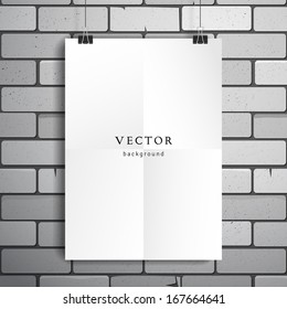 Vector template. White sheet of paper folded in four. The paper hangs on the clamps. Brick wall.