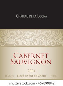 Vector template of white wine label. On the top there is a fictitious brand name "Chateau de la Loona". Cabernet Sauvignon. "Eleve en fut de chene" translates into English as "aged in oak barrels".