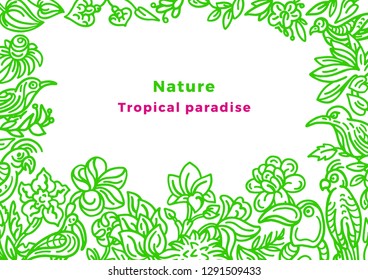 Vector template of wild tropical bird, nature leaf, flower in bloom. Art sketch floral illustration Exotic cockatoo, toucan, parrot Hand drawn card, border, summer jungle, green paradise Graphic frame