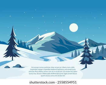 Vector template for a winter postcard. Mountains, snow, echoes in blue tones. Banner, flyer.