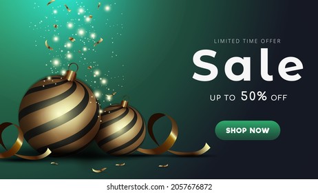Vector template of the winter sale. The text of a special offer of discounts up to 50% on the background of Christmas balls decorated with serpentine for the design of advertising banners for business