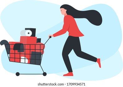 Vector template of a woman carrying full shopping cart with goods. It represents a concept of food shopping, grocery store, shopping cart, supermarket and mall interior