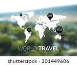 Vector template. World Map on blurred nature background. Points, travel concept. Web, mobile interface template. Corporate website design or background. World map globe