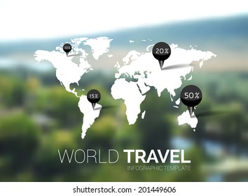 Vector template. World Map on blurred nature background. Points, travel concept. Web, mobile interface template. Corporate website design or background. World map globe