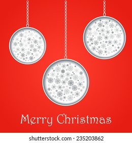 Vector template. Xmas balls(cut out of paper) with snowflakes on red background