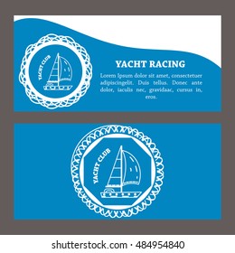 Vector template for yacht club, yacht race. Yacht in thin line stile on blue background. Template for card, brochure, leaflet, poster, discount card, advertisement, banner, flayer, blank, booklet