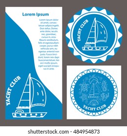 Vector template for yacht club, yacht race. Yacht in thin line stile on blue background. Template for card, brochure, leaflet, poster, discount card, advertisement, banner, flayer, blank, booklet.