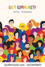 Vector template with young men and women in LGBT colors. Design element.