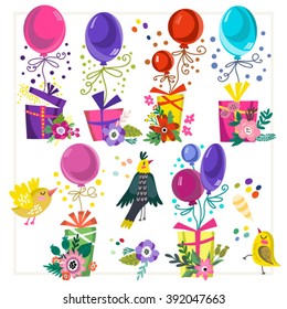 Vector template for your design/ Vector illustrations of balloons and gift boxes.