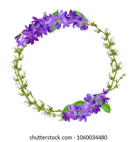 Vector template-postcard with frame of violets and flowering willow branches on white background with place for text. Suitable for congratulations on Mother's day, birthdays, for wedding invitations.