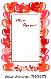 Vector template-postcard Mon Amour with edging of red hearts and lines for text. Suitable for love confessions, notes on Valentine's Day. The concept of writing to a loved one.