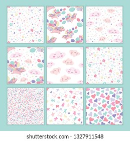 Vector templates with 9 seamless patterns with flying unicorn holds colorful balls in its mouth and decorative elements  clouds, stars, hearts, flowers