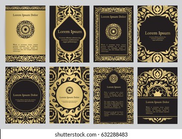 Vector templates for A4 with florals in black, gold colors. Based on ancient greek, islamic and turkish ornaments. For invitation, banner, postcard or flyer.