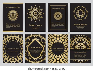 Vector templates for A4 with sacred geometry symbols in black, gold colors. For invitation, banner, postcard or flyer.