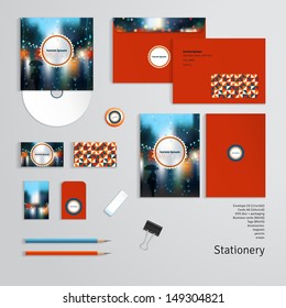 Vector templates. Autumn, rain, wet glass, street. Geometric pattern. Envelope, cards, business cards, tags, disc with packaging, magnet, pencils, eraser, clamp. Dimensions are given.