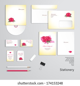 Vector templates. Background with roses and petals.  Envelope, cards, business cards, tags, disc with packaging, pencils, eraser, clamp. Dimensions are given