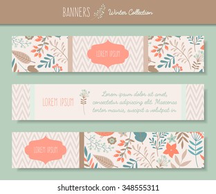 Vector templates banners set with floras and chevron. Winter collection