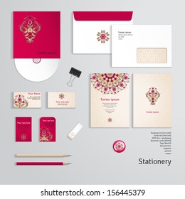 Vector templates. Beautiful floral pattern in vintage style. Simple delicate ornament.  Envelope, cards, business cards, tags, disc with packaging, magnet, pencils, eraser, clamp. Dimensions are given