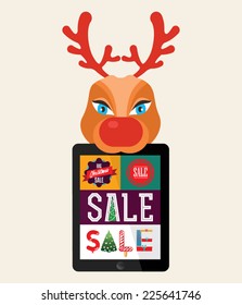 Vector templates. Beautiful inscription - Winter is coming. Reindeer holding tablet computer. Christmas sale.