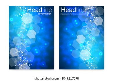 Vector templates for brochure magazine leaflet flyer cover booklet annual report. Modern futuristic hexagonal pattern with particle, molecule structure for medical, technology, chemistry, science