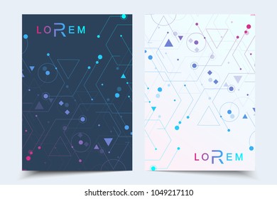 Vector templates for brochure magazine leaflet flyer cover booklet annual report. Modern futuristic hexagonal pattern with particle, molecule structure for medical, technology, chemistry, science