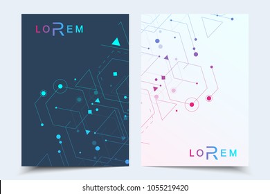 Vector templates for brochure magazine leaflet flyer cover booklet annual report. Modern futuristic hexagonal pattern with particle, molecule structure for medical, technology, chemistry, science