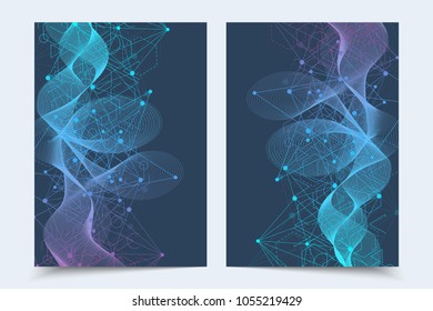 Vector templates for brochure magazine leaflet flyer cover booklet annual report. Modern futuristic hexagonal pattern with particle, molecule structure for medical, technology, chemistry, science