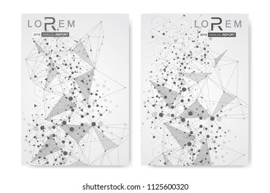 Vector templates for brochure magazine leaflet flyer cover booklet annual report. Modern futuristic hexagonal pattern with particle, molecule structure for medical, technology, chemistry, science.