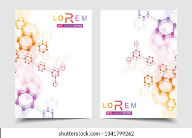 Vector templates for brochure magazine leaflet flyer cover booklet annual report. Modern futuristic hexagonal pattern with particle, molecule structure for medical, technology, chemistry, science