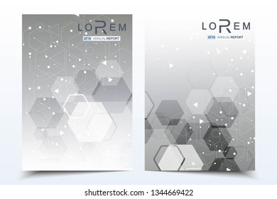 Vector templates for brochure magazine leaflet flyer cover booklet annual report. Modern futuristic hexagonal pattern with particle, molecule structure for medical, technology, chemistry, science